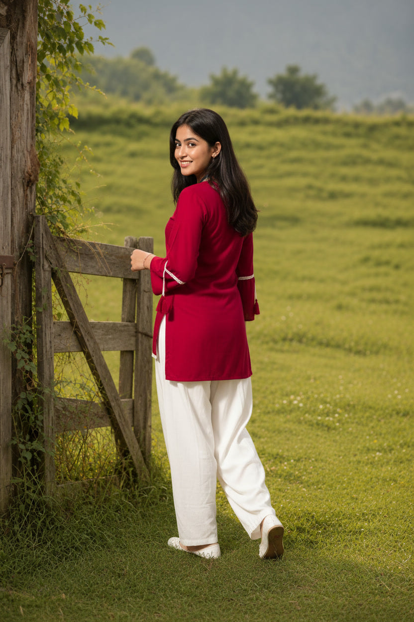 Red Short-Kurta Pant Set