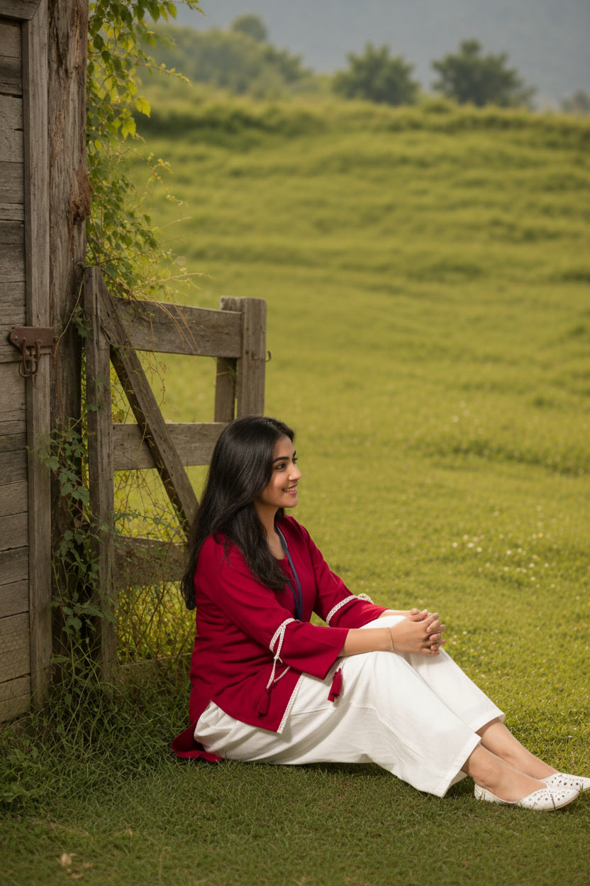 Red Short-Kurta Pant Set